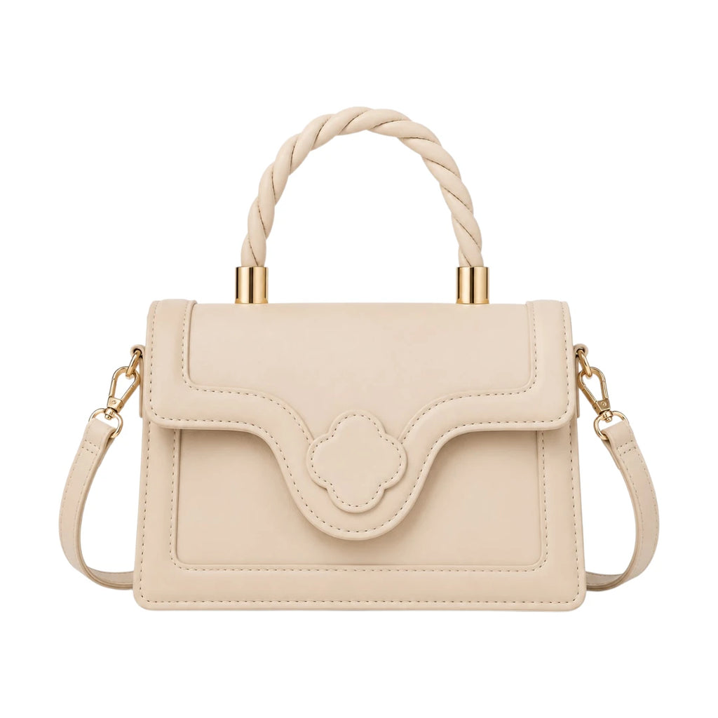 Bagvyn Cream Blossom Decorative Flap Faux Leather Satchel Handbag