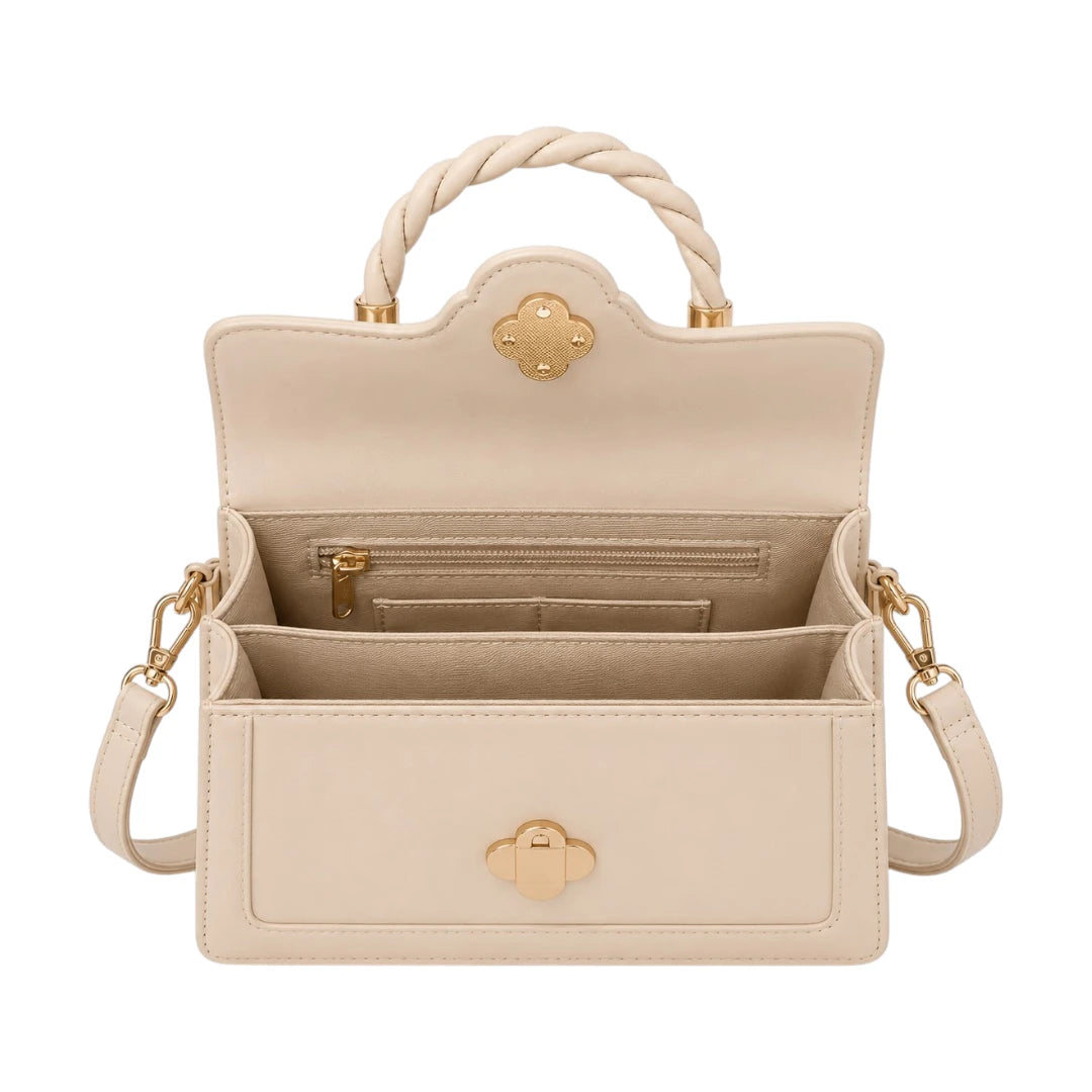 Bagvyn Cream Blossom Decorative Flap Faux Leather Satchel Handbag