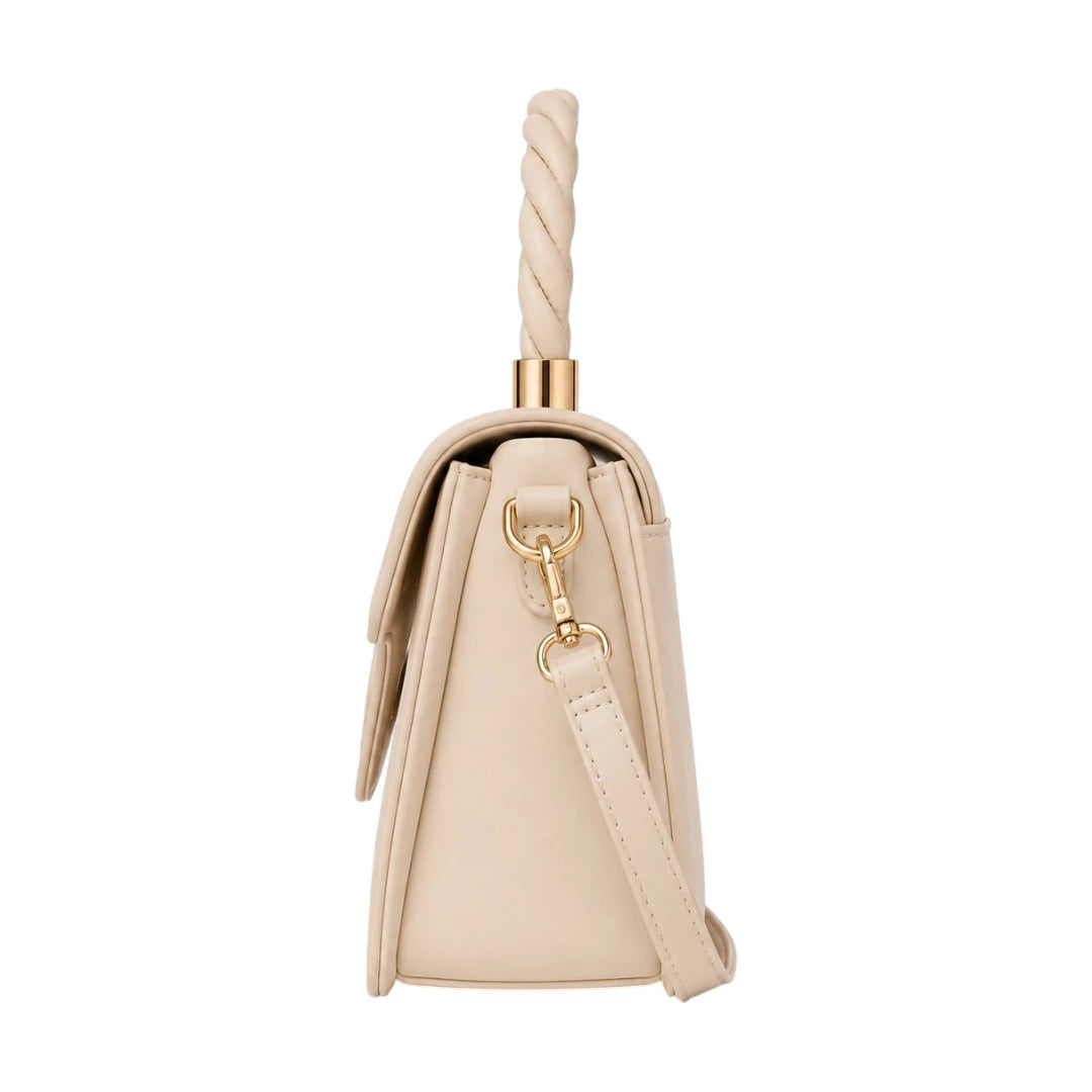 Bagvyn Cream Blossom Decorative Flap Faux Leather Satchel Handbag