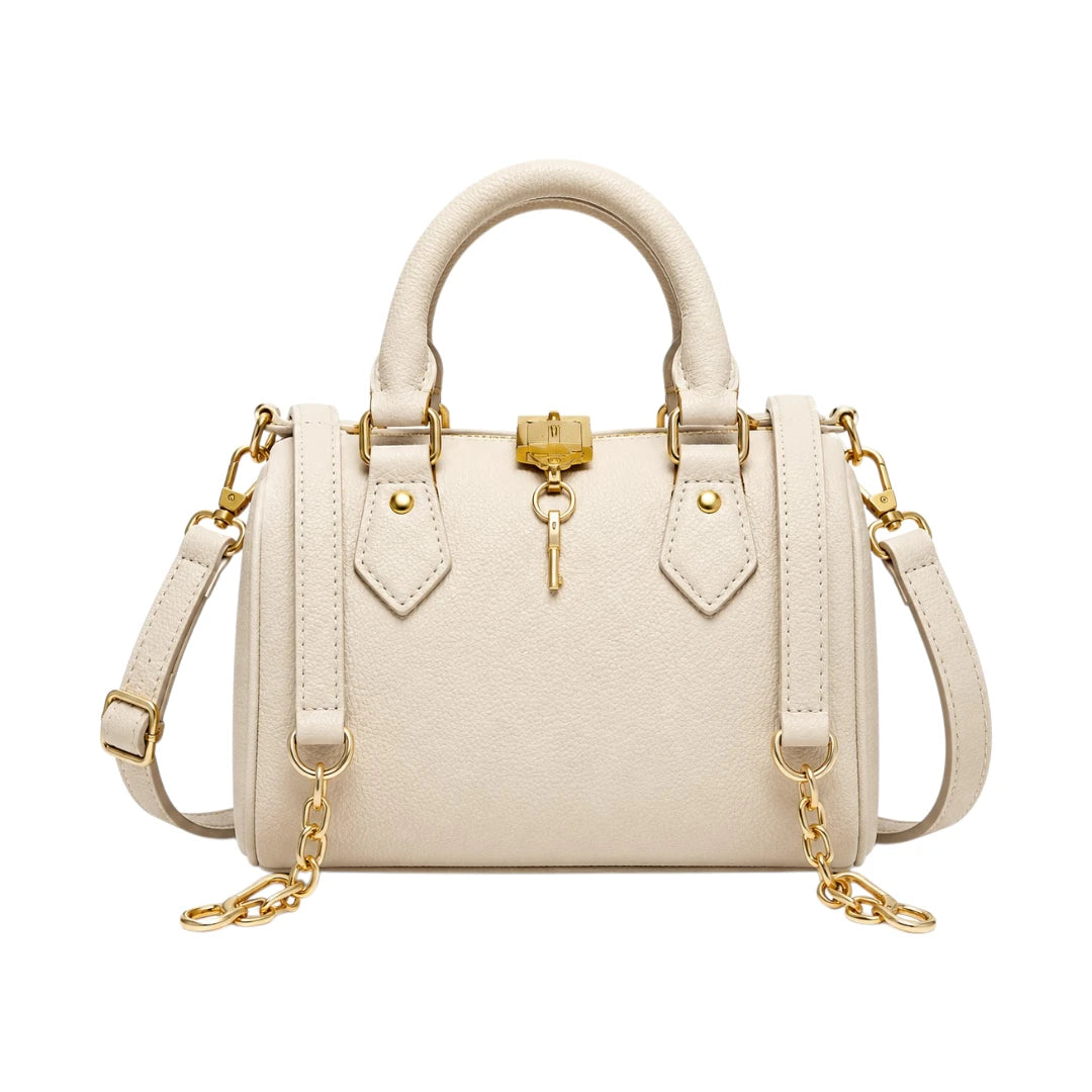 Bagvyn Cream Lock and Chain Faux Leather Satchel Handbag