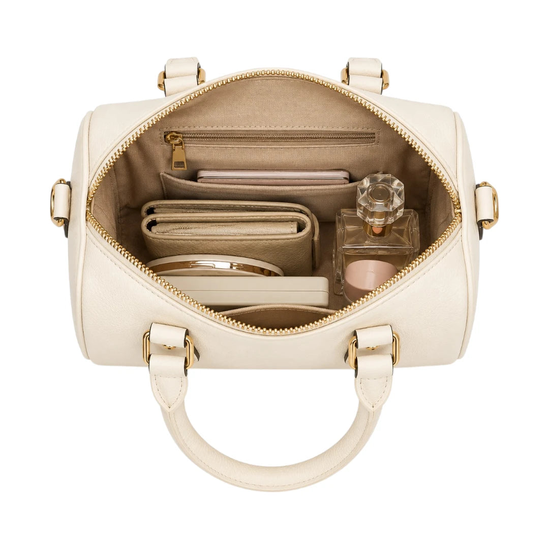 Bagvyn Cream Lock and Chain Faux Leather Satchel Handbag